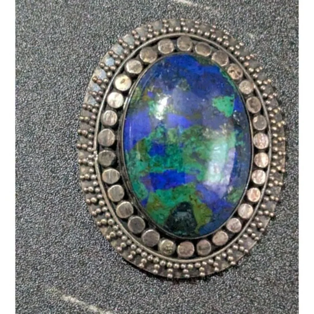 Vintage 925 Sterling Silver Azurite Malachite Oval Brooch Pin Southwestern Style